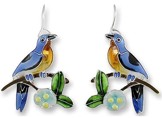 Paul Brent Bluebird and Dogwood Enameled Wire Dangle Earrings