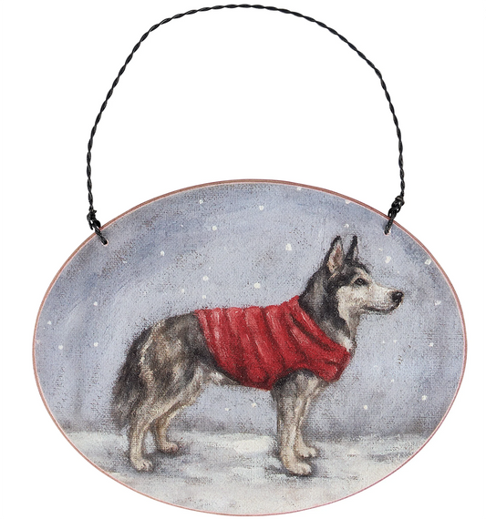 Primitives By Kathy Cozy Siberian Husky with Sweater Wooden Christmas Ornament