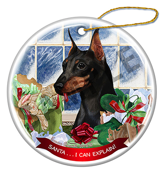 Black and Tan Mini Pinscher Cropped Porcelain Ornament 'Santa.. I Can Explain!'