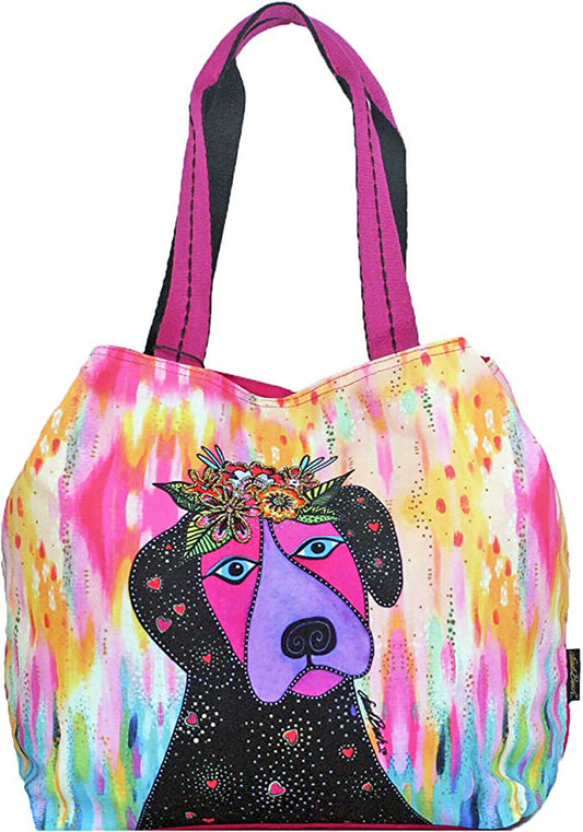 Laurel Burch Violet Puppy Dog with Flowers Large Gap Tote Bag, 20”x 6”x 14”