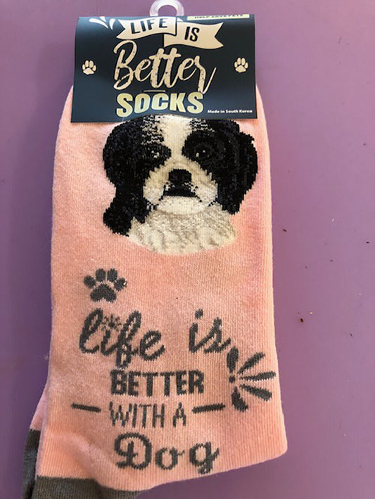 E&S Pets Pet Lover Socks, Life is Better with a Shih Tzu, Black and white