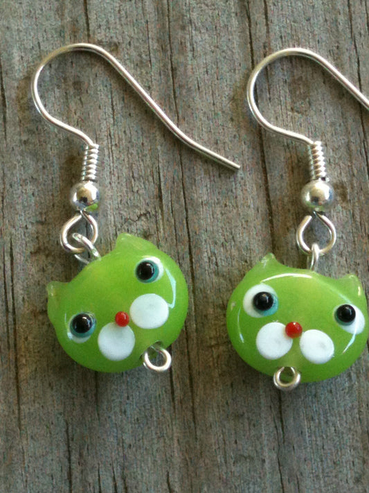 Green Opaque Cat Face Lampwork Glass Earrings