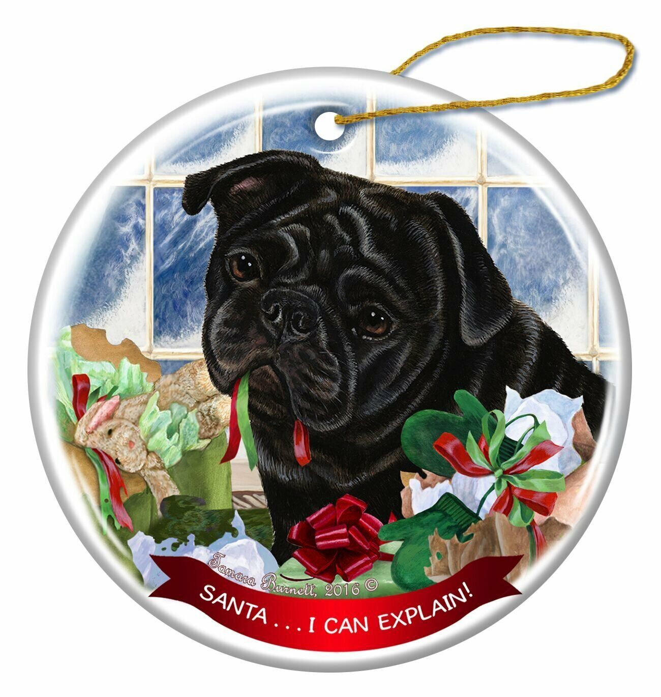 Black Pug Dog Porcelain Hanging Ornament Pet Gift 'Santa.. I Can Explain!'