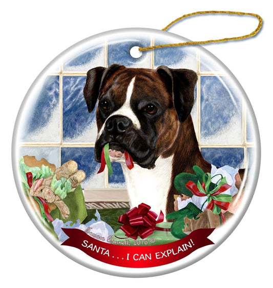 Brindle Boxer Uncropped Ears Dog Porcelain Ornament Santa I Can Explain!