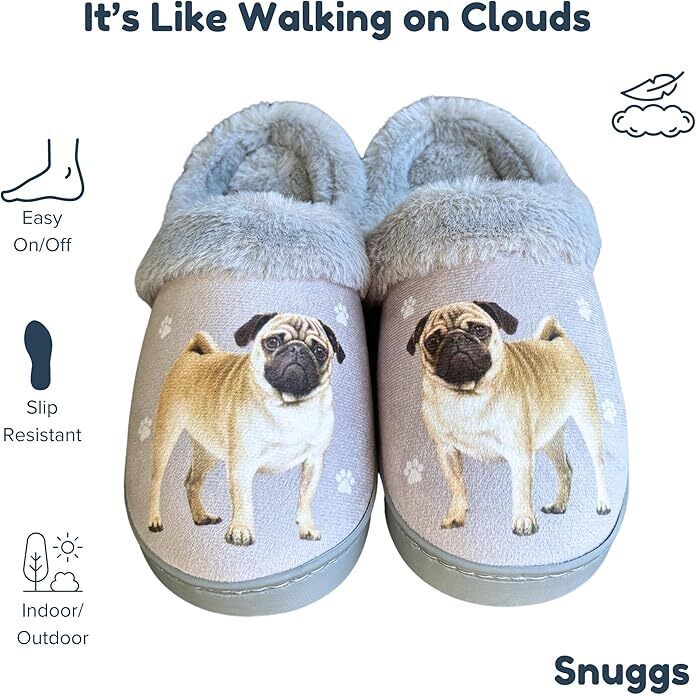 E&S Pets Tan Pug Snugg Slippers for Pet Lovers - Fuzzy Memory Foam, S/M
