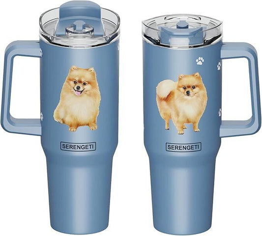 Serengeti 40 Oz Pomeranian Dog Stainless Steel Tumbler with Handle, Straw & Lid