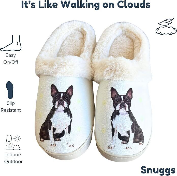 E&S Pets Boston Terrier Snugg Slippers for Pet Lovers -  Memory Foam, S/M