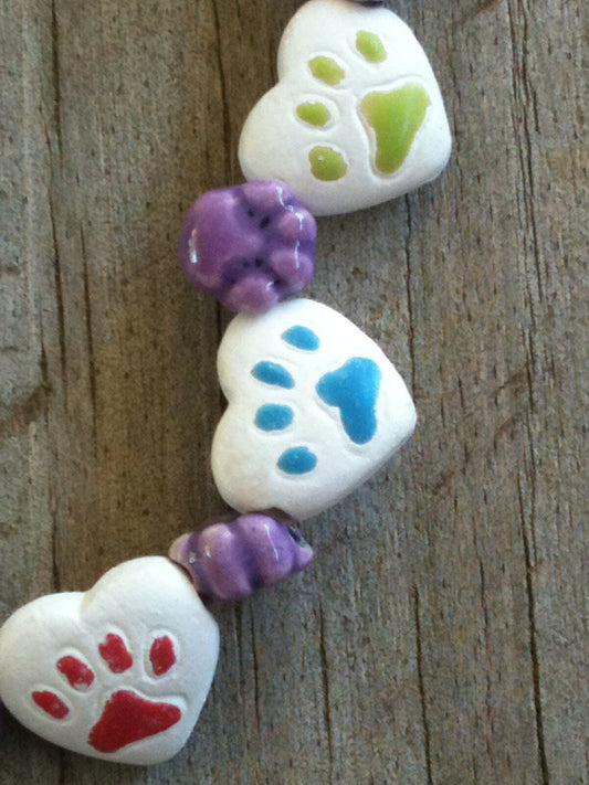 Hand-painted Ceramic Multicolored Heart Paw Print 6" Stretchy Bracelet