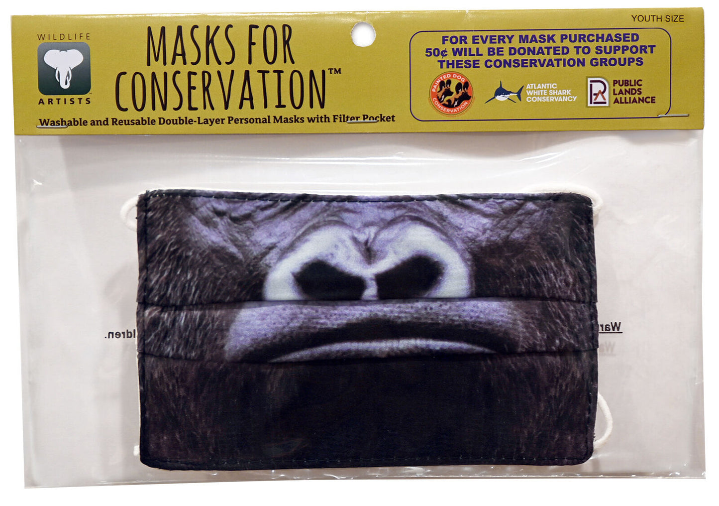 Wildlife Artists Fun Youth Animal Face Masks, Washable, Reusable - Gorilla