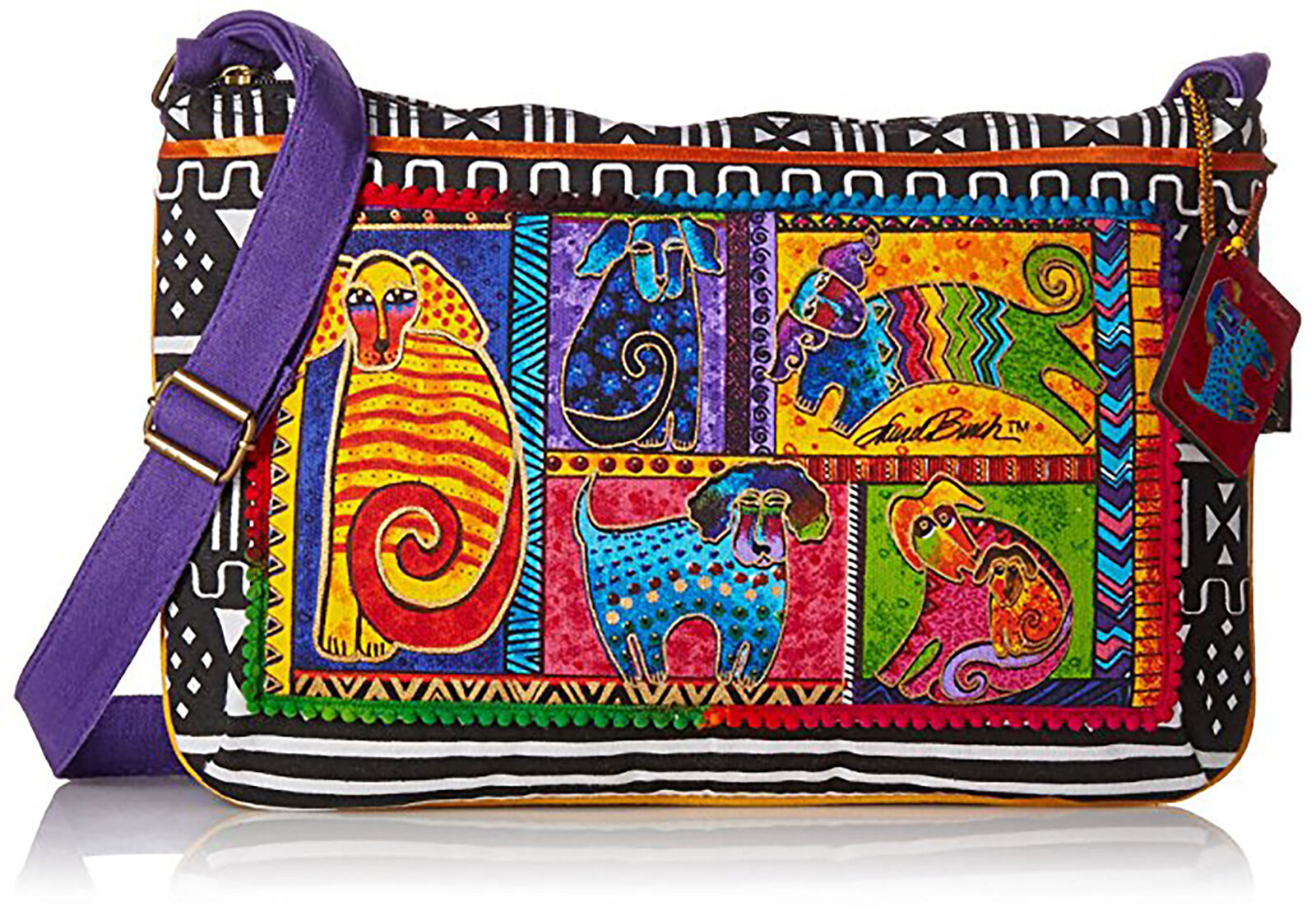 Laurel Burch Medium Crossbody Zipper Top 15 x 10-Inch, Dog Tails Patchwork