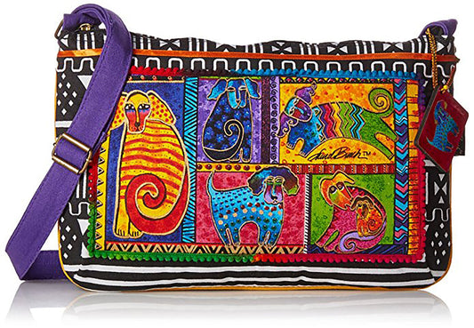 Laurel Burch Medium Crossbody Zipper Top 15 x 10-Inch, Dog Tails Patchwork