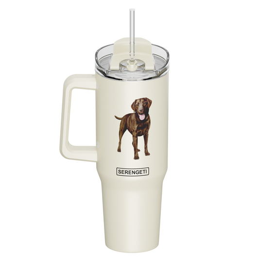 Serengeti 40 Oz Chocolate Lab Dog Stainless Steel Tumbler w Handle, Straw & Lid