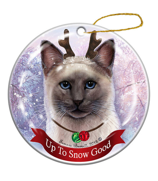 Siamese Blue Point Cat Reindeer Porcelain Christmas Ornament