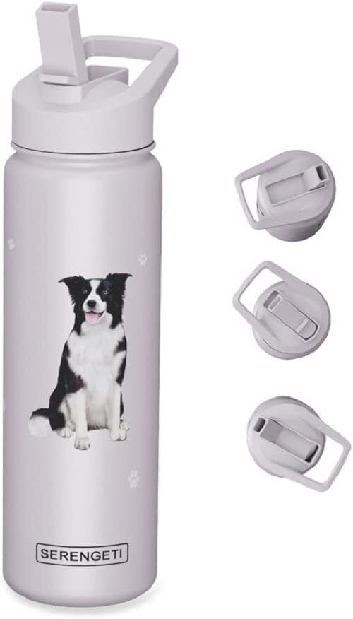 E&S Pets Stainless Steel Water Bottle 24 Oz., Spill Proof (Border Collie)