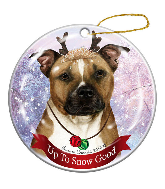 Holiday Pet Gifts Pit Bull, Brown & White Dog Porcelain Christmas Ornament