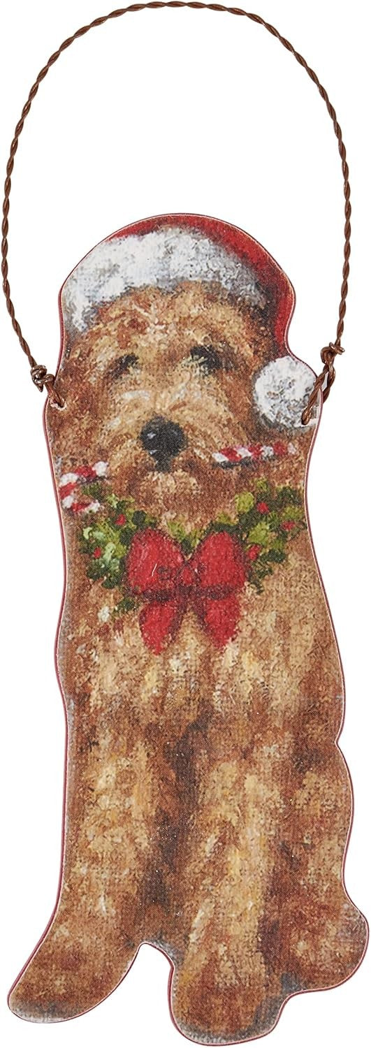 Primitives By Kathy Goldendoodle with Candy Cane Wooden Christmas Ornament