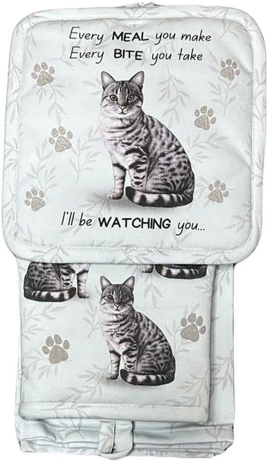 Silver Tabby cat 3-Piece Kitchen Set - Oven Mitt, Pot Holder & Kitchen Towel Set