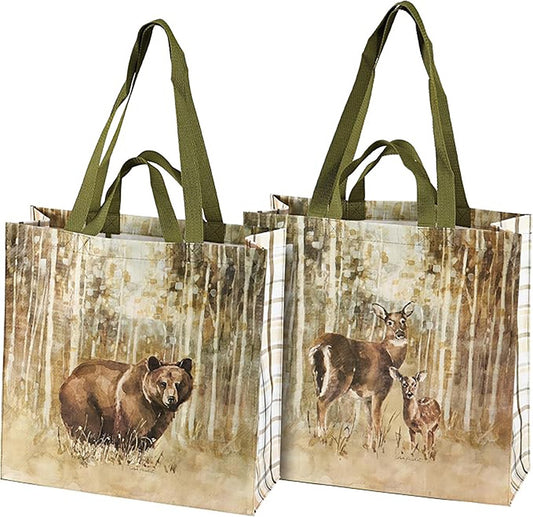 Primitives By Kathy Market Tote - Bear and Deer in Woods and Trees, 15 inches