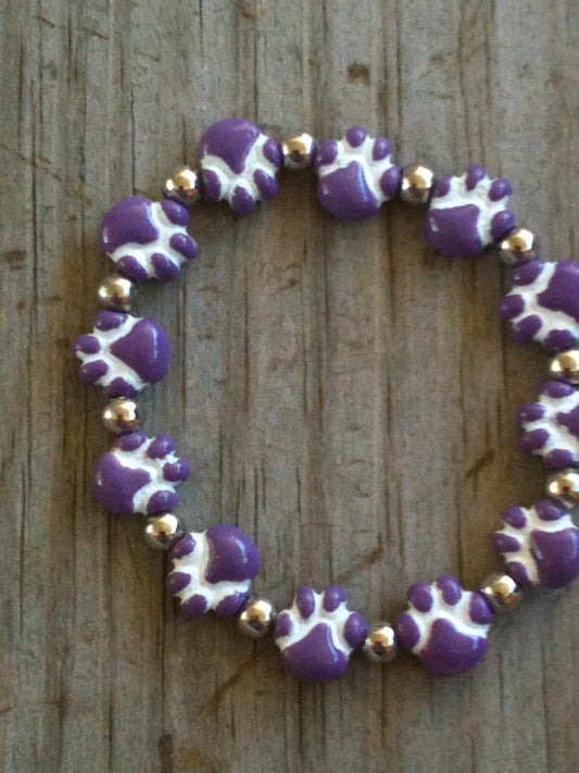 Hand-painted Ceramic Purple Paw Print 6" Stretchy Bracelet