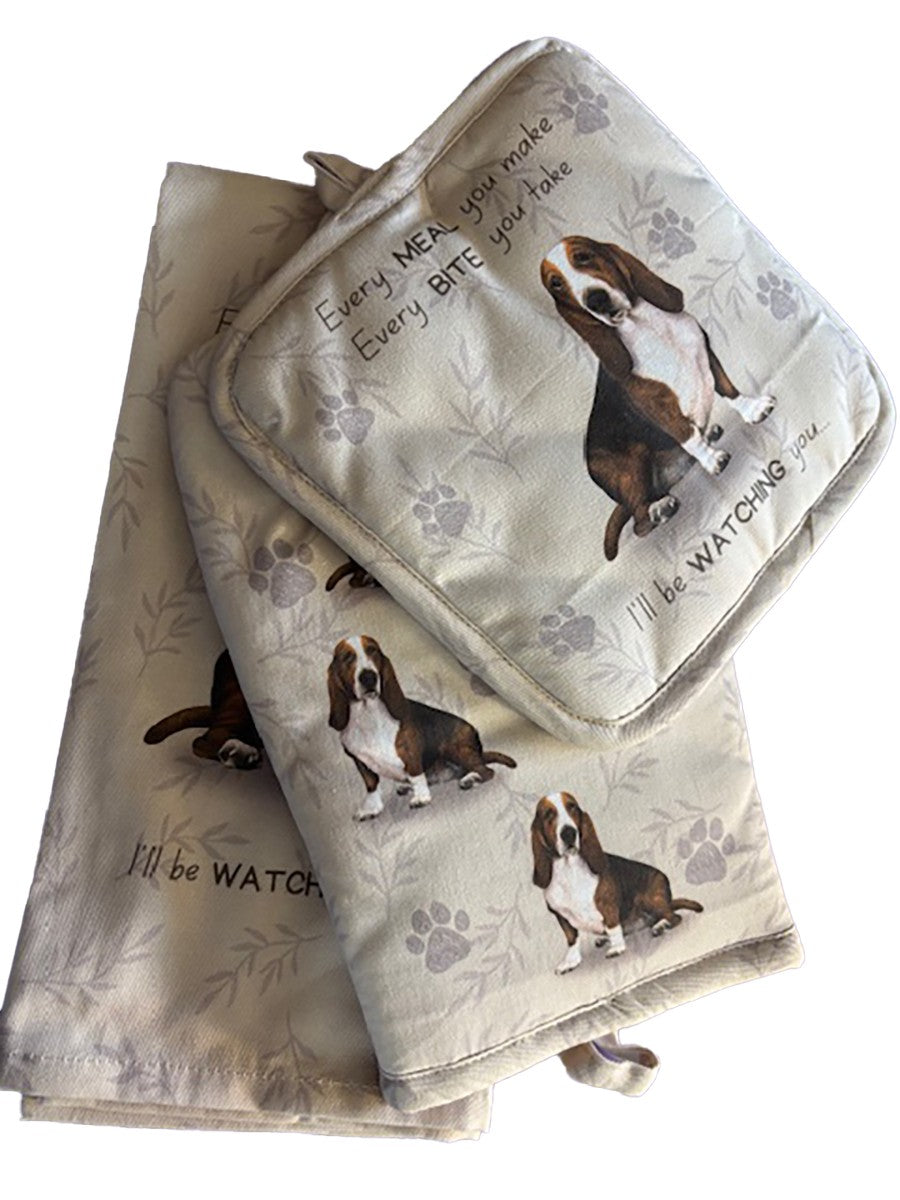 E&S Pets Basset Hound Dog 3 Piece Kitchen Set -  Oven Mitt, Towel, Pot Holder