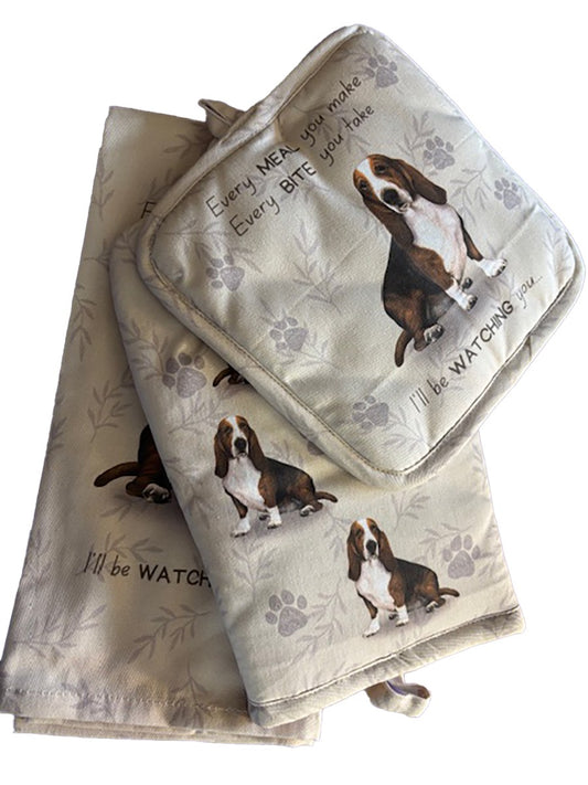 E&S Pets Basset Hound Dog 3 Piece Kitchen Set -  Oven Mitt, Towel, Pot Holder