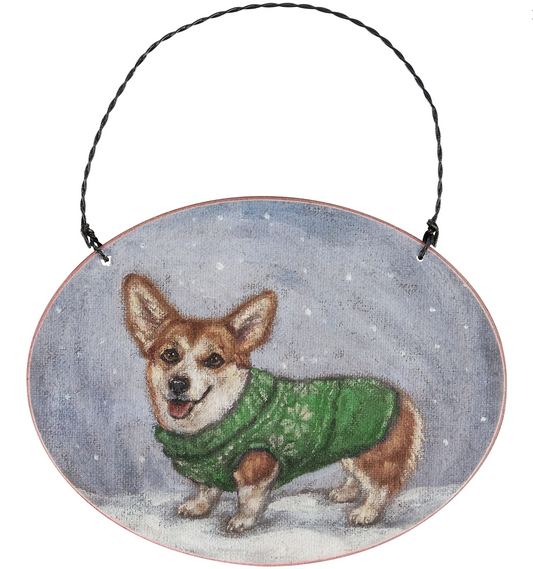 Primitives By Kathy Cozy Corgi Dog with Sweater Wooden Christmas Ornament