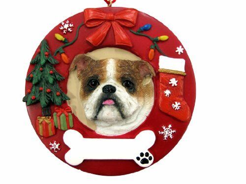 E&S Pets Bulldog Christmas Ornament Wreath Shaped Easily Personalized