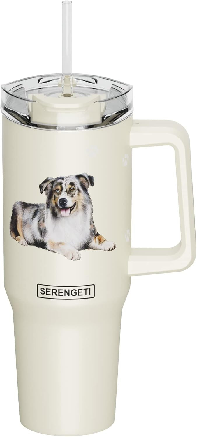 Serengeti 40 Oz Australian Shepherd Stainless Steel Tumbler w Handle, Straw, Lid