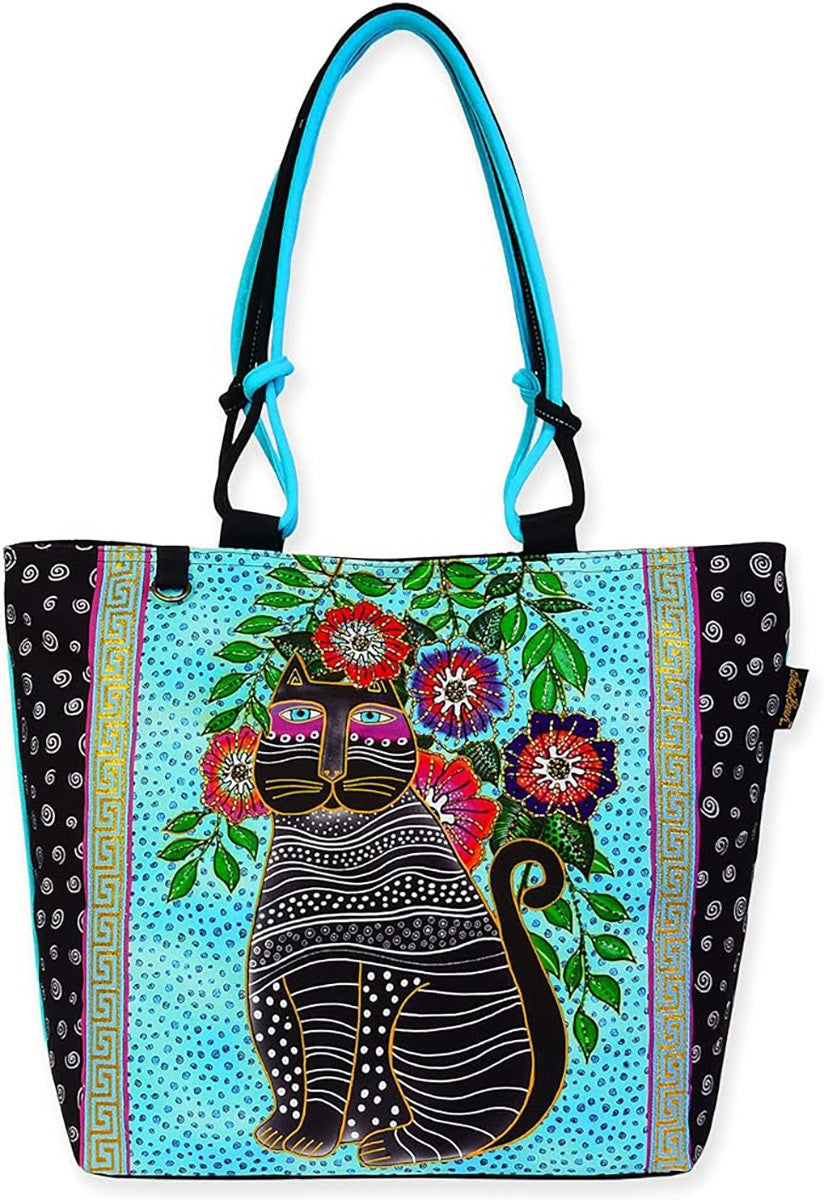 Laurel Burch Kitty Noir Black Cat Blossoms Large Tote Bag, 18'' x 5.5'' x 14.5''