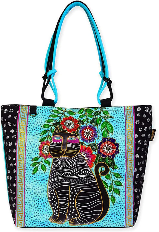 Laurel Burch Kitty Noir Black Cat Blossoms Large Tote Bag, 18'' x 5.5'' x 14.5''