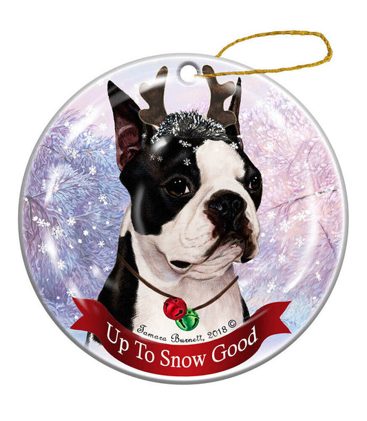 Holiday Pet Gifts Boston Terrier Reindeer Dog Porcelain Christmas Ornament