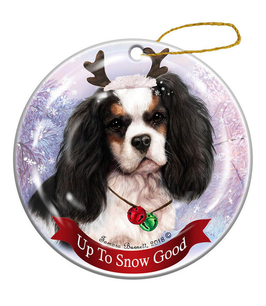 Holiday Tricolor Cavalier King Charles Reindeer Dog Porcelain Christmas Ornament