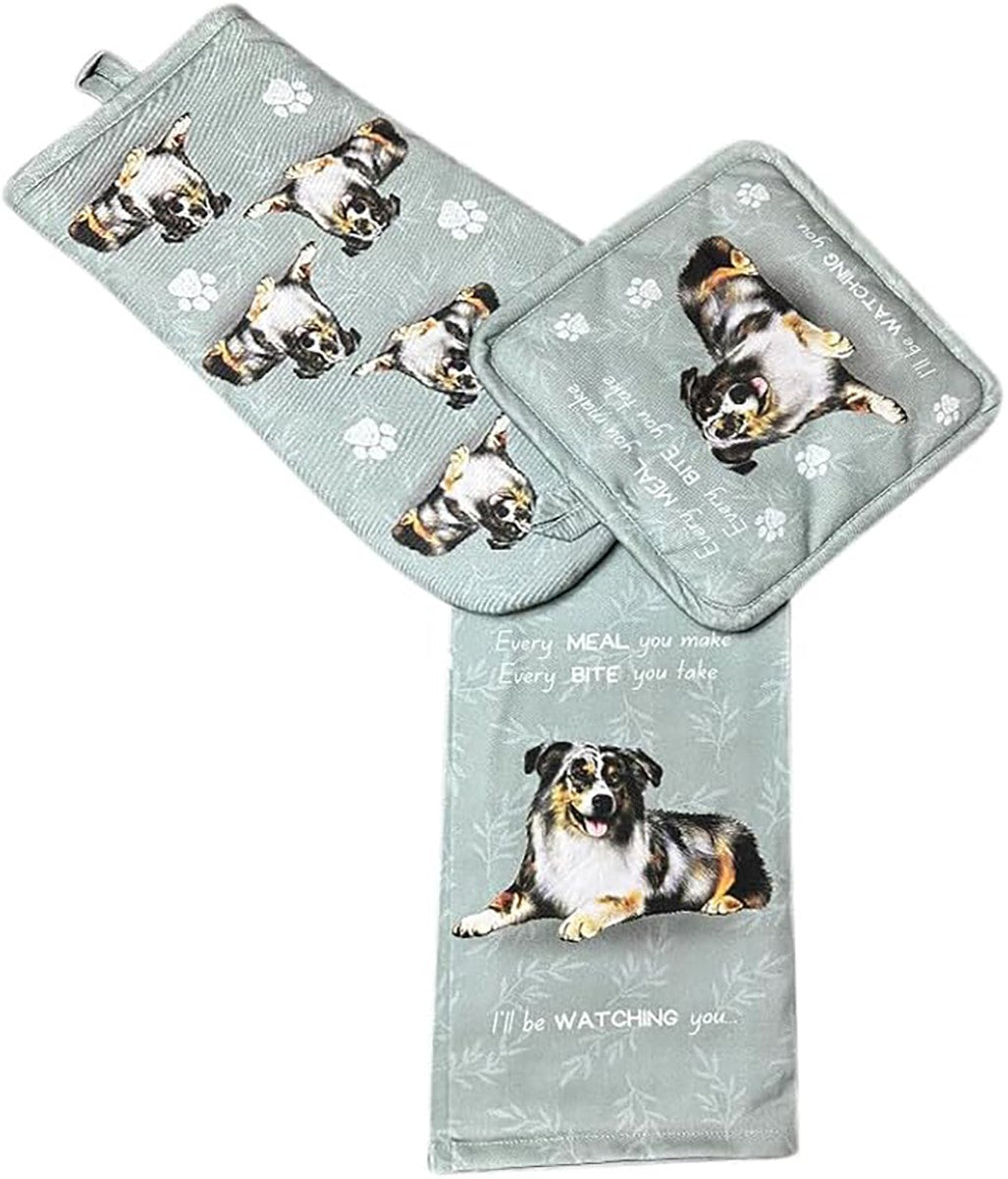 E&S Pets Australian Shepherd 3 Piece Kitchen Set -  Oven Mitt, Towel, Pot Holder
