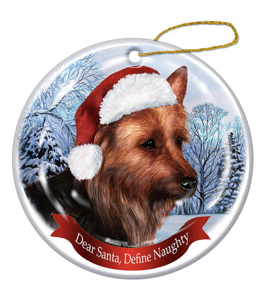 Holiday Pet Gifts Australian Terrier Santa Hat Dog Porcelain Christmas Ornament