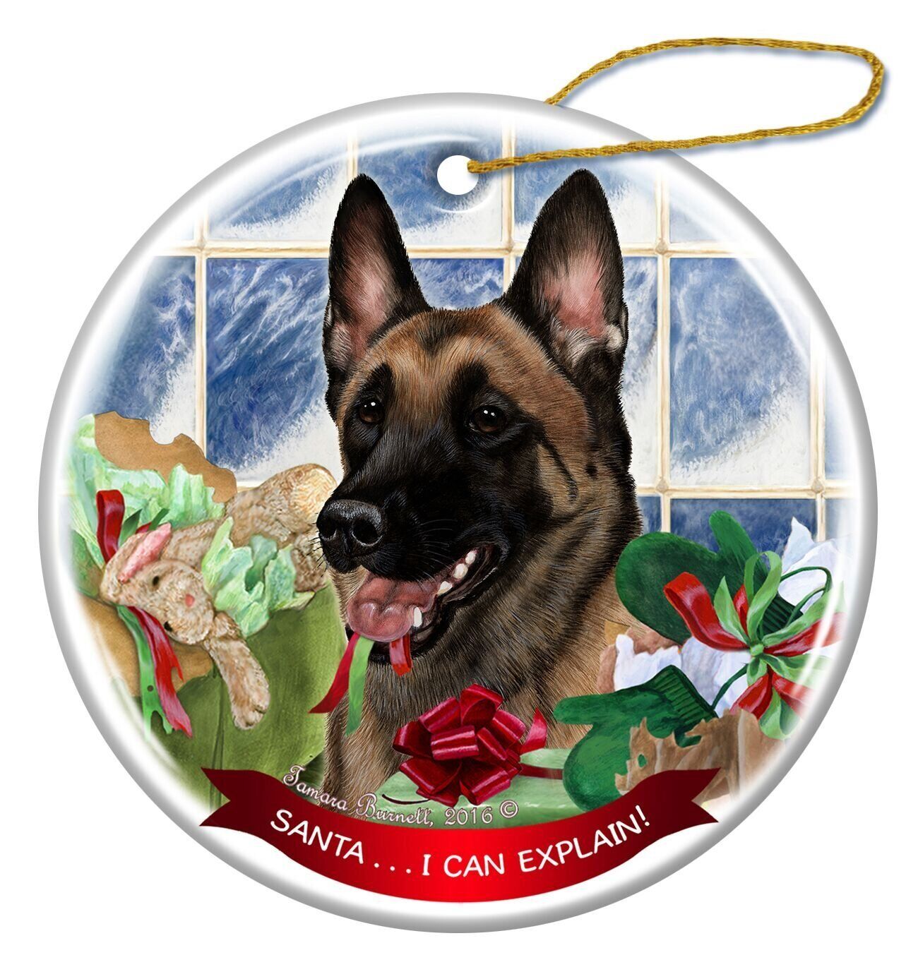 Belgian Malinois Dog Porcelain Hanging Ornament Pet Santa I Can Explain!