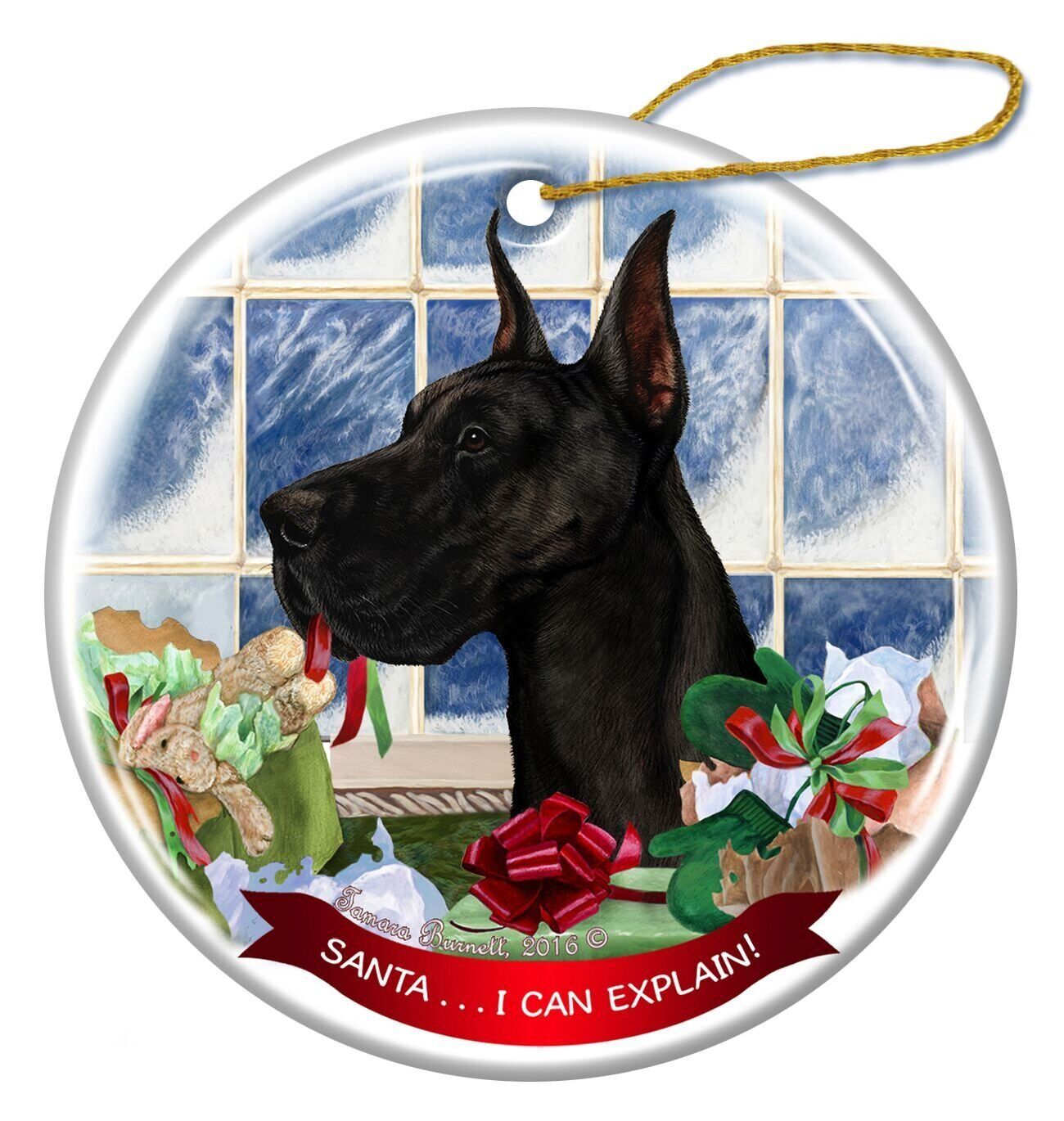 Black Great Dane Cropped Porcelain Ornament Pet Gift Santa I Can Explain!