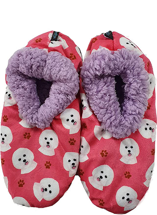 Comfies Womens Bichon Frise Dog Slippers - Sherpa Lined Animal Print Booties