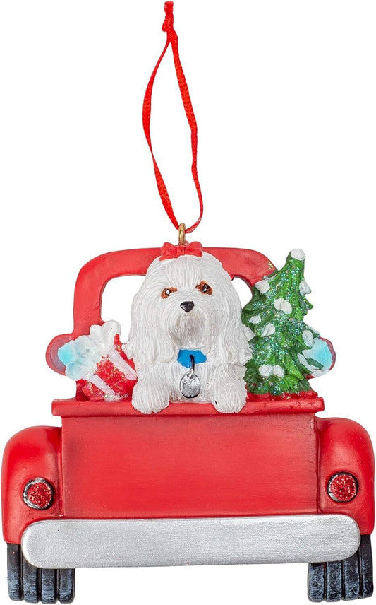 Kurt Adler Maltese Dog in Back of Truck Hanging Ornament 5 in. High,