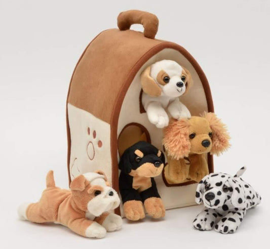 Plush Boy Dog House Carrying Case with Five Stuffed Animal Dogs