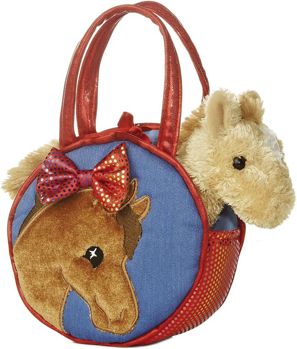 Aurora World Pretty Pony Horse Plush Carrier Bag Purse with Tan Pony 7"