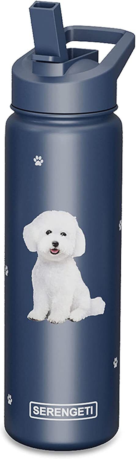 E&S Pets Stainless Steel Water Bottle 24 Oz, Spill Proof (Bichon)