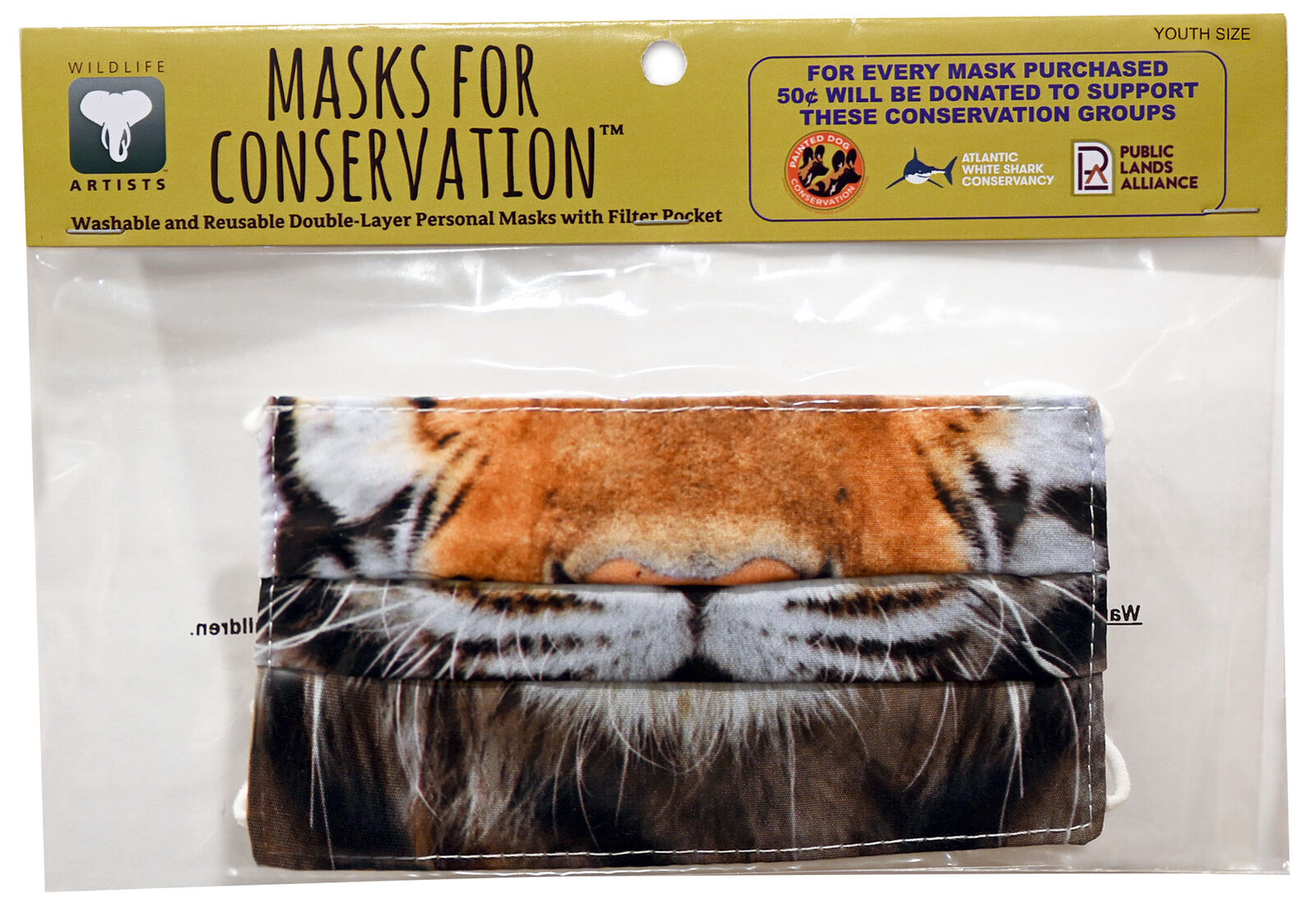 Wildlife Artists Fun Youth Animal Face Masks, Washable, Reusable - Tiger