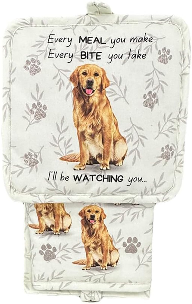 E&S Pets Golden Retriever 3 Piece Kitchen Set - Oven Mitt, Towel, Pot Holder