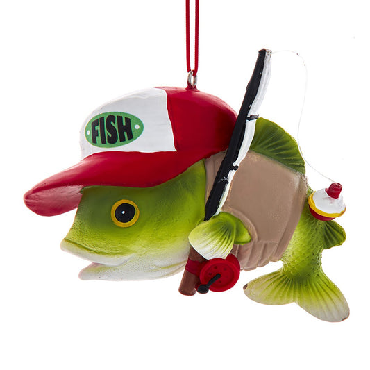 Kurt Adler Fishing Dude Fish with Ball Cap Hanging Ornament, 3.8"