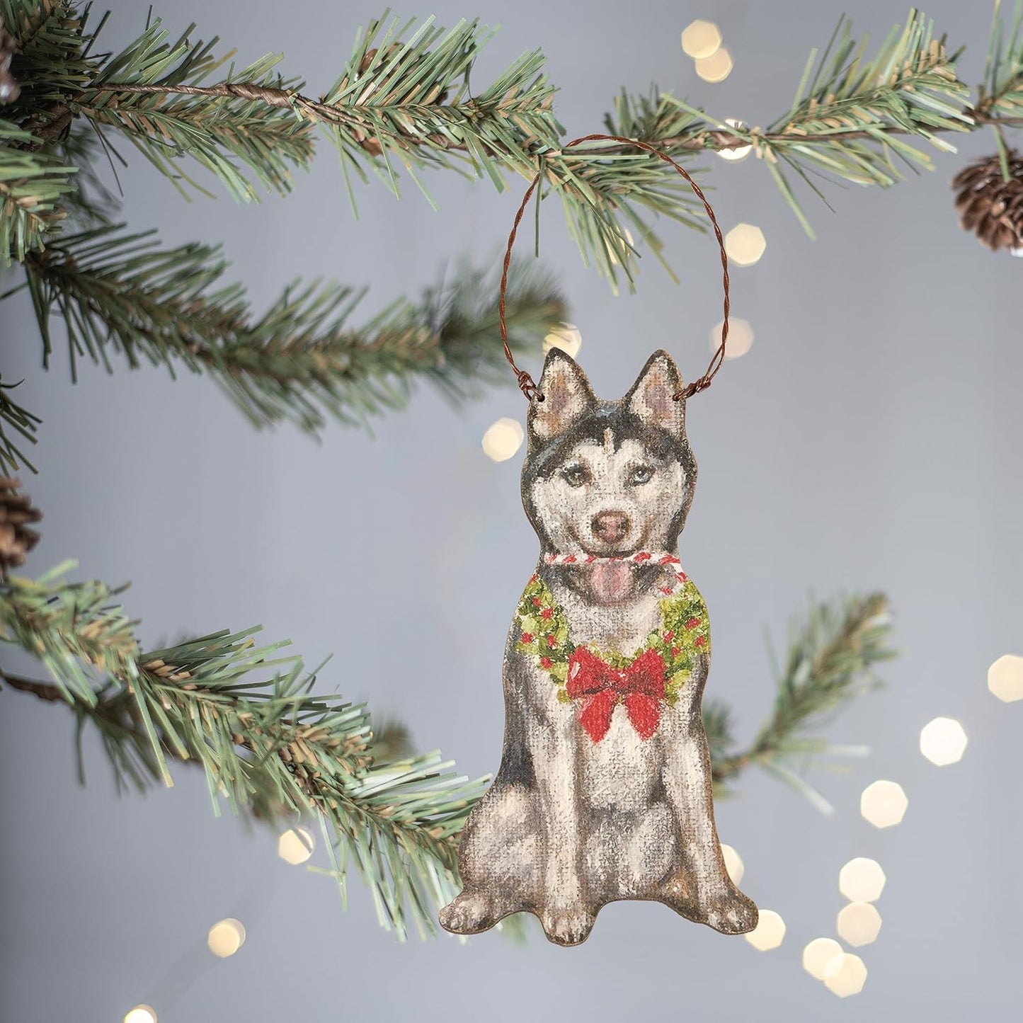 Primitives By Kathy Husky with Candy Cane Wooden Christmas Ornament