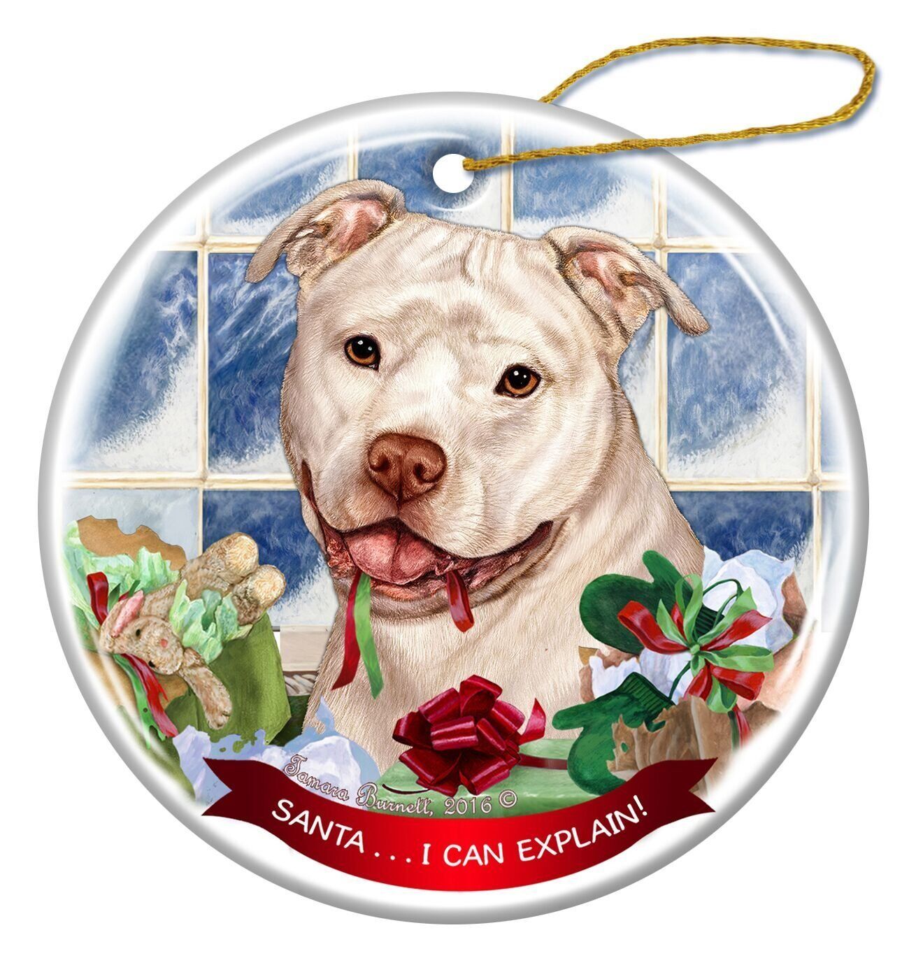 White Pit Bull Uncropped Dog Porcelain Ornament Pet Gift 'Santa.. I Can Explain!