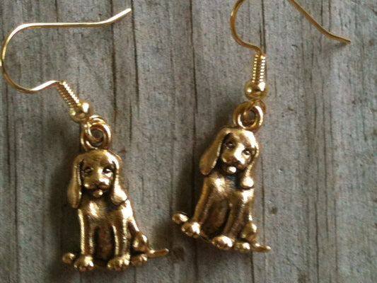 Sitting Dog with Long Ears Gold Plated Lead Free Pewter Earrings