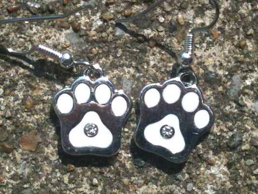 Silver Paw Print with White Enamel and Crystal Earrings