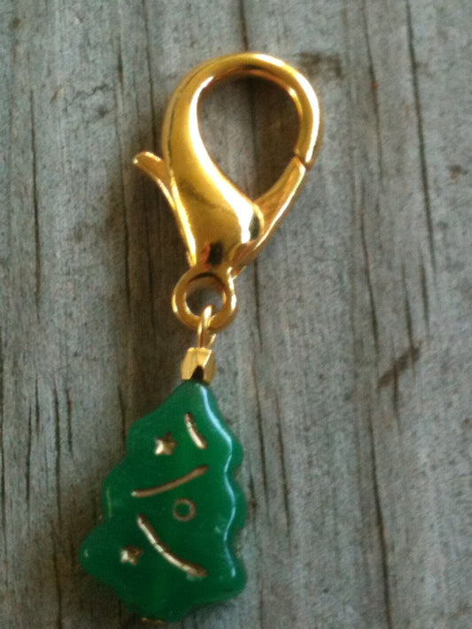 Green Pressed Glass Christmas Tree with Gold Highlights Zipper Pull/Collar Charm