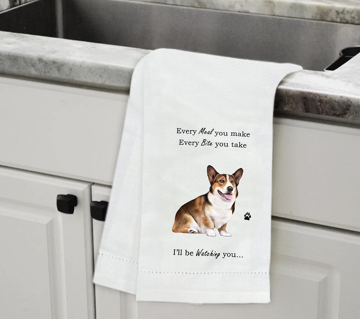 E&S Pets 711-100 Welsh Corgi Dog Kitchen Towel, Off-white